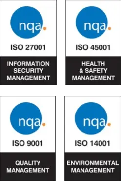 ISO 27001 (Information Security Management), ISO 45001 (Health & Safety Management), ISO 9001 (Quality Management), ISO 14001 (Environmental Management)